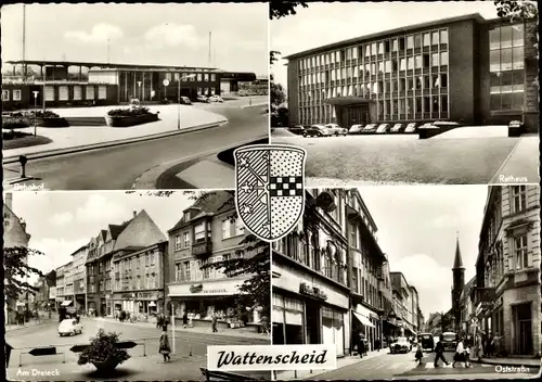 Ak Wattenscheid Bochum Ruhrgebiet, Bahnhof, Oststraße, Rathaus, Am Dreieck, Wappen