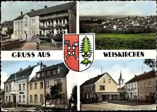 Ak Weiskirchen im Saarland, Hotel Antz, Panorama, Wappen