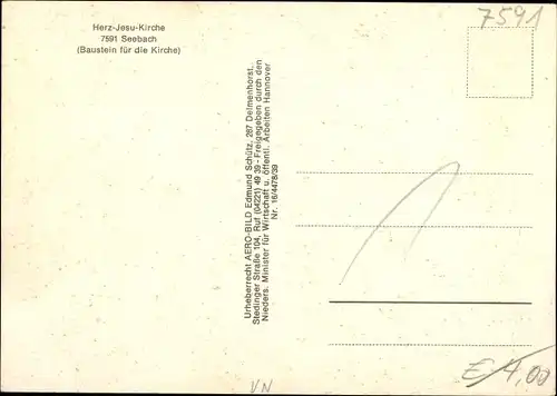 Ak Seebach in Baden Schwarzwald, Herz-Jesu-Kirche, Fliegeraufnahme