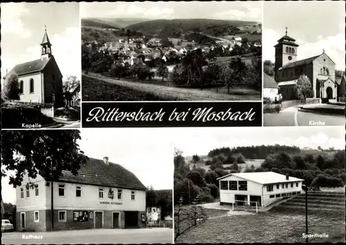 Ak Rittersbach Elztal im Odenwald, Kapelle, Kirche, Sporthalle, Rathaus, Panorama