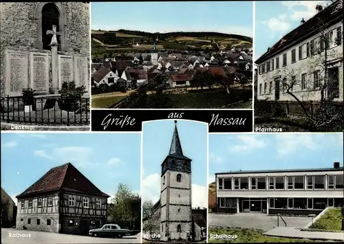 Ak Nassau an der Lahn, Kirche, Pfarrhaus, Schulhaus, Rathaus, Denkmal, Panorama