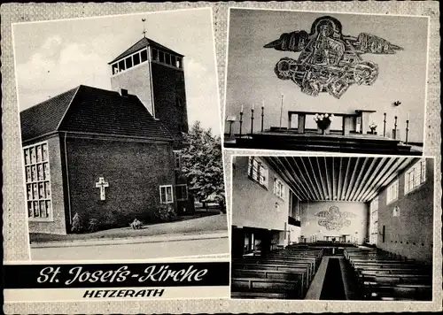 Ak Hetzerath in Pfalz, St. Josefskirche, Außenansicht, Innenansicht, Mittelschiff, Altar