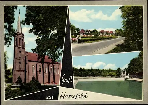 Ak Harsefeld in Niedersachsen, Kirche, Freibad, Straßenpartie