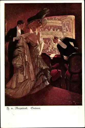 Jugendstil Künstler Ak Reznicek, Ferdinand von, Soiree, Dame im Abendkleid in der Oper