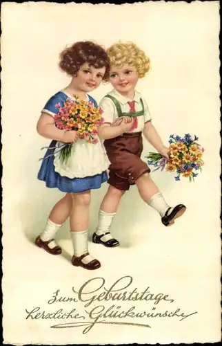 Ak Glückwunsch Geburtstag, Junge und Mädchen mit Blumensträußen