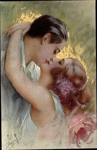 Künstler Ak Liebespaar, Umarmung, Kuss