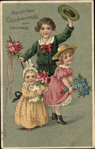 Präge Litho Glückwunsch Geburtstag, Kinder mit Blumen