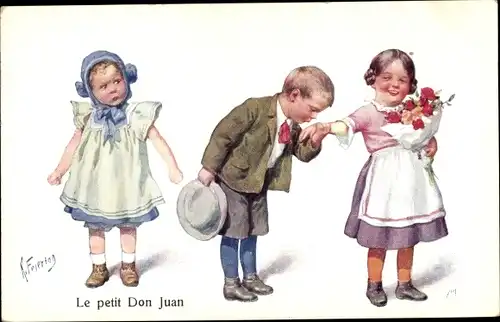 Künstler Ak Feiertag, K., Le petit Don Juan, Kinder, Liebespaar, Kuss