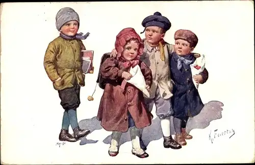 Künstler Ak Feiertag, Karl, Kinder auf dem Weg zur Schule