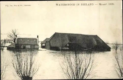 Ak Zeeland Niederlande, Watersnood 1906, überschwemmte Häuser
