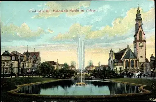 Ak Frankfurt am Main, Hohenzollernkirche mit Anlagen, Springbrunnen