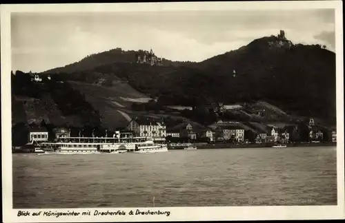 Ak Königswinter am Rhein, Drachenfels, Drachenburg, Fluss, Schiff