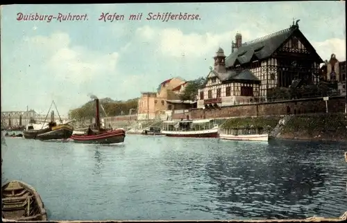 Ak Ruhrort Duisburg im Ruhrgebiet, Hafen mit Schifferbörse