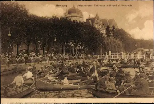 Ak Hamburg Nord Uhlenhorst, Uhlenhorster Fährhaus während des Konzerts, Ruderboote