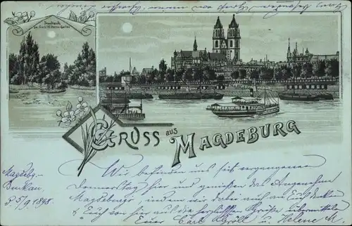 Mondschein Litho Magdeburg, Dom von der Elbe aus, Friedrich Wilhelms Garten, Inselteich