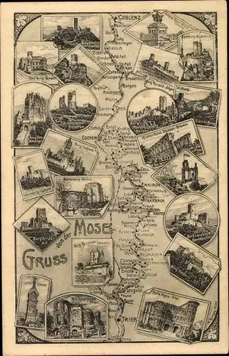 Landkarten Ak Brodenbach an der Mosel, Sehenswürdigkeiten von Trier bis Koblenz