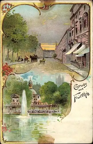 Litho Fürth in Mittelfranken Bayern, See mit Springbrunnen, Straßenansicht mit Pferdekutsche