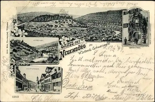 Litho Rotenbach Neuenbürg an der Enz Schwarzwald, Totale, Tor, Vorstadt, Hauptstraße