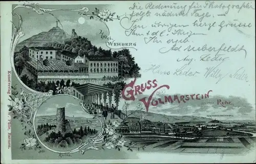 Mondschein Litho Volmarstein an der Ruhr, Hotel Wehberg, Ruine, Aussicht nach Hohensyburg