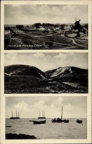 Ak Altwarp in Vorpommern, Teilansicht, Dünen, Bootspartie