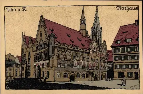 Steindruck Ak Ulm an der Donau Baden Württemberg, Rathaus