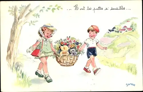 Künstler Ak Janser, Junge und Mädchen mit Blumen im Korb