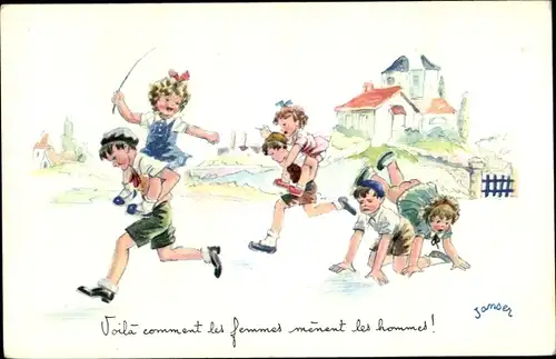 Künstler Ak Janser, Voila comment les femmes menent les hommes, Kinderspiel, Jungen tragen Mädchen