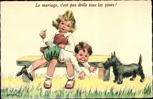 Künstler Ak Janser, Le mariage, c'est pas drole tous les jours, Terrier, Mädchen flickt Hose