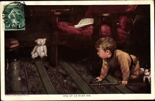 Künstler Ak Sigsbee, Mary, One of us must die, Junge, Spielzeuggewehr, Teddybär