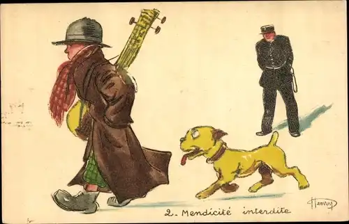Künstler Ak Henry, Mendicite interdite, Landstreicher wird von Polizist vertrieben