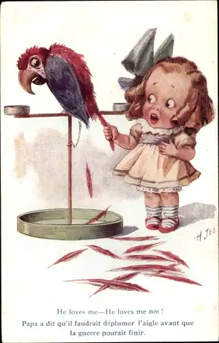 Künstler Ak He loves me, he loves me not, Mädchen rupft Papagei die Schwanzfedern raus