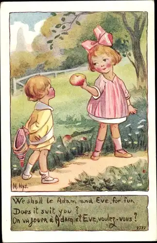 Künstler Ak Alys, M., We shall be Adam and Eve, Kinder, Apfel