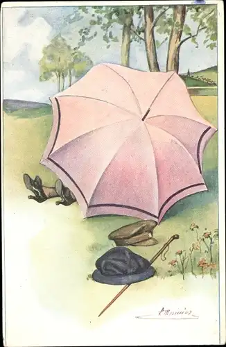 Künstler Ak Meunier, S., Histoire d'un flirt, Liebespaar hinter einem Regenschirm