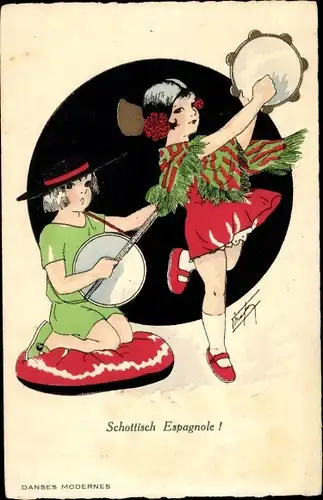 Künstler Ak Schottisch Espagnole, Danses Modernes, spanische Tracht, Tambourin