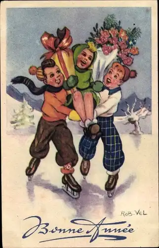 Künstler Ak Velter, Robert, Glückwunsch Neujahr, Kinder beim Eislaufen, Blumen
