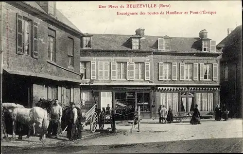 Ak Beuzeville Eure, Une Place, Encoignure des routes de Honfleur et Pont l'Eveque