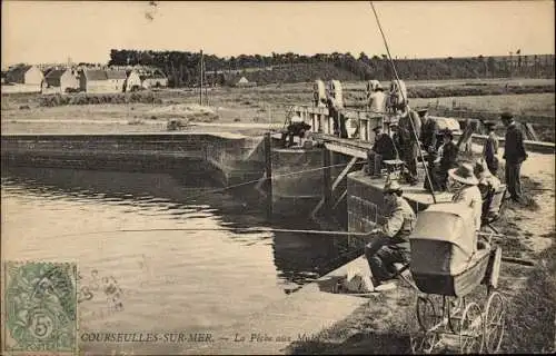 Ak Courseulles sur Mer Calvados, La Pêche aux Mulet, Angelpartie, Kinderwagen