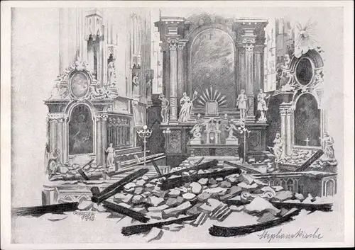 Künstler Ak Griessler, Wien 1 Innere Stadt, Kriegszerstörung 1. WK, Stephanskirche