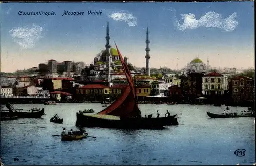 Ak Konstantinopel Istanbul Türkei, Mosquee Valide, Minarett, Boote, Häuser