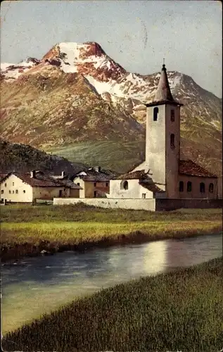 Ak Sils Baselgia Sils im Engadin Kt. Graubünden, Blick zur Kirche, Berge