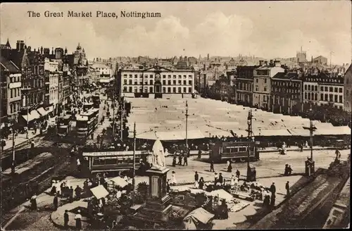 Ak Nottingham East Midlands England, The Great Market Place, Straßenbahn