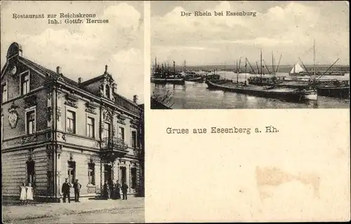 Ak Essenberg Homberg am Rhein Duisburg, Restaurant zur Reichskrone, Lastkähne auf dem Rhein