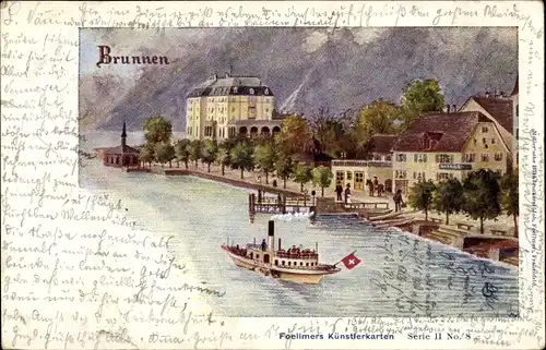 Künstler Litho Brunnen Kt Schwyz, Stadtansicht, Dampfer, Häuser