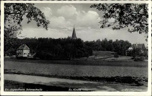 Ak Schmeckwitz Oberlausitz, Evangelische Kirche, Jugendheim, Pfarrhaus