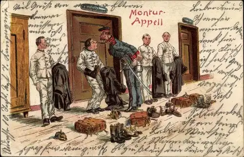 Litho Montur-Appell, Soldatenleben, Schuhe, Uniform, Rekruten, I. WK