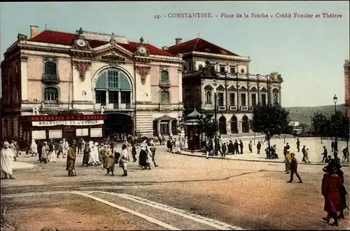 Ak Constantine Algerien, Place de la Brèche, Crédit Foncier, Théâtre