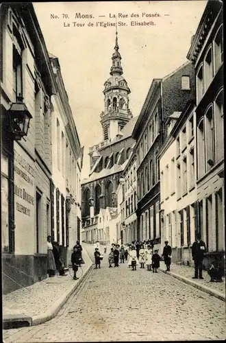 Ak Mons Wallonien Hennegau, La Rue des Fosses, La Tour de l'Eglise Ste. Elisabeth