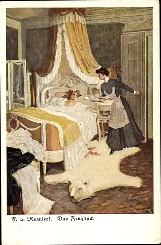 Jugendstil Künstler Ak Rezinicek, Ferdinand von, Das Frühstück, Frau im Bett, Dienstmädchen, Busen