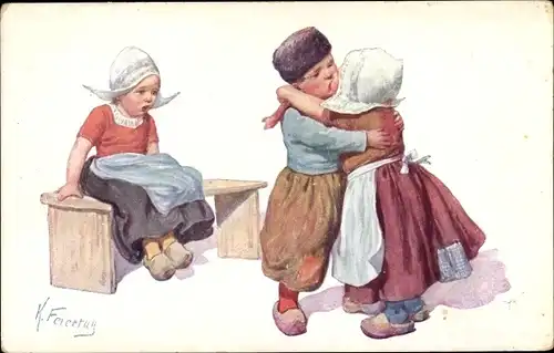 Künstler Ak Feiertag, Karl, Kinder in niederländischer Tracht, Eifersucht, Liebespaar, Holzbank