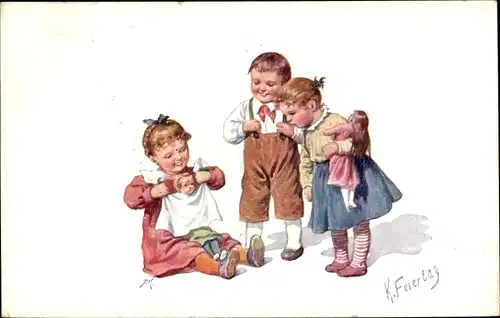 Künstler Ak Feiertag, Karl, Kinder mit Puppen, BKWI 890-1